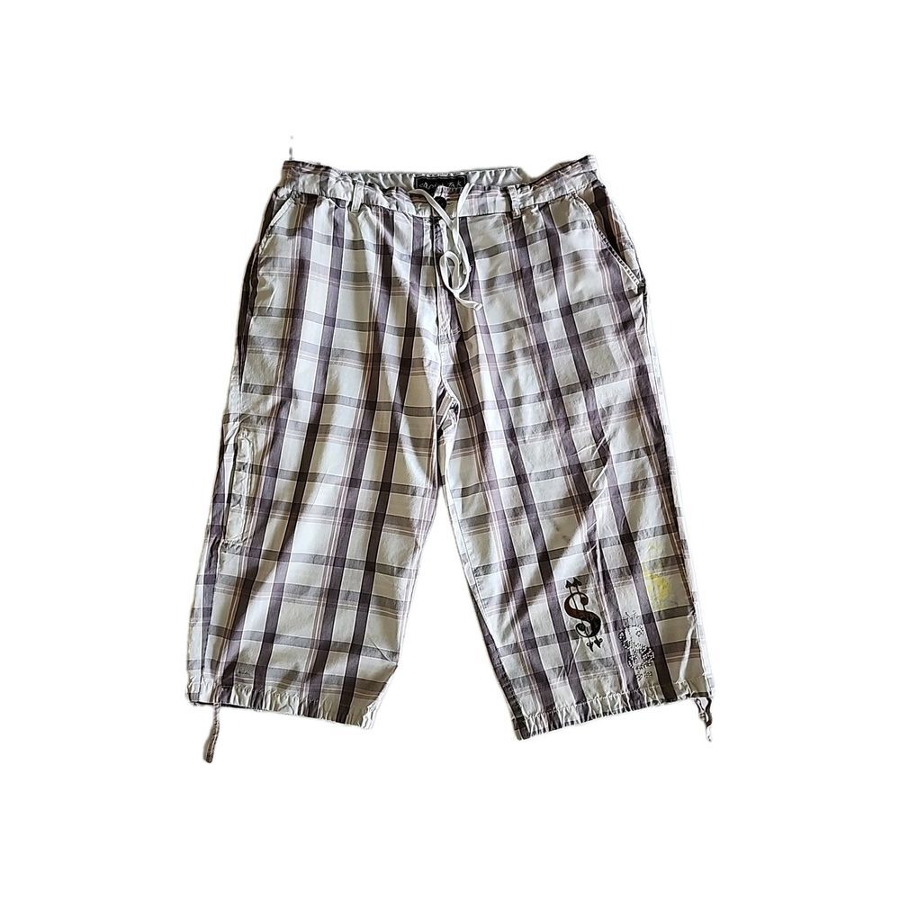 Y2K Vtg CROOKED INK Beige White Plaid Long Shorts Dollar Signs  Drawstrings 40in
